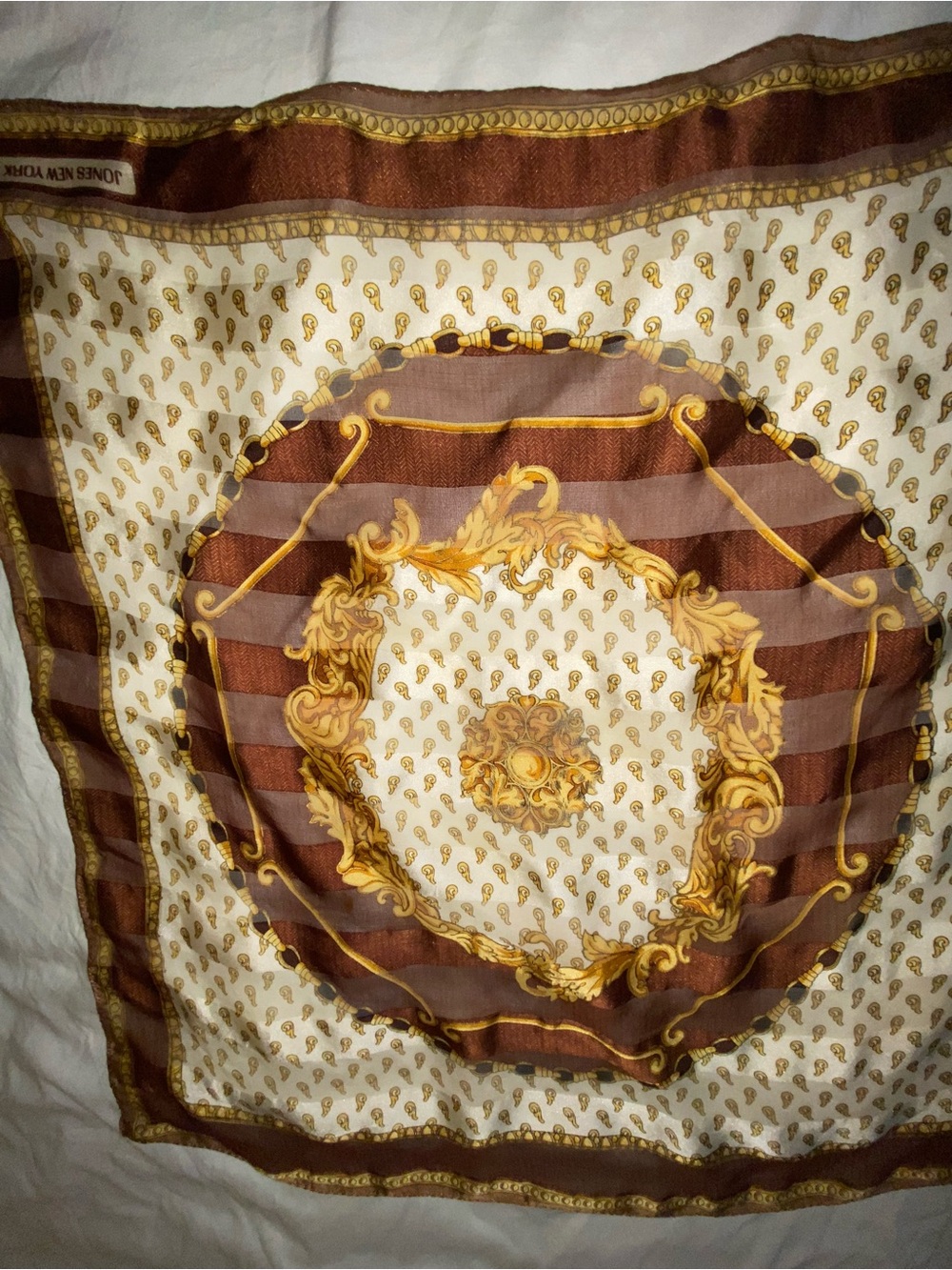 Jones new Brown and Gold Ornate Silk- Scarf -
